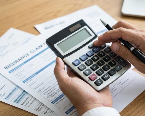Sigorta tazminat hesaplaması yapan eller ve hesap makinesi - Trafik kazası değer kaybı hesaplama